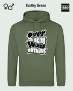 das bild zeigt den hoodie jh001 von just hoods in der farbe earthy green und mit dem statement design "overthinking solves nothing".