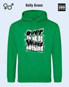 das bild zeigt den hoodie jh001 von just hoods in der farbe kelly green und mit dem statement design "overthinking solves nothing".