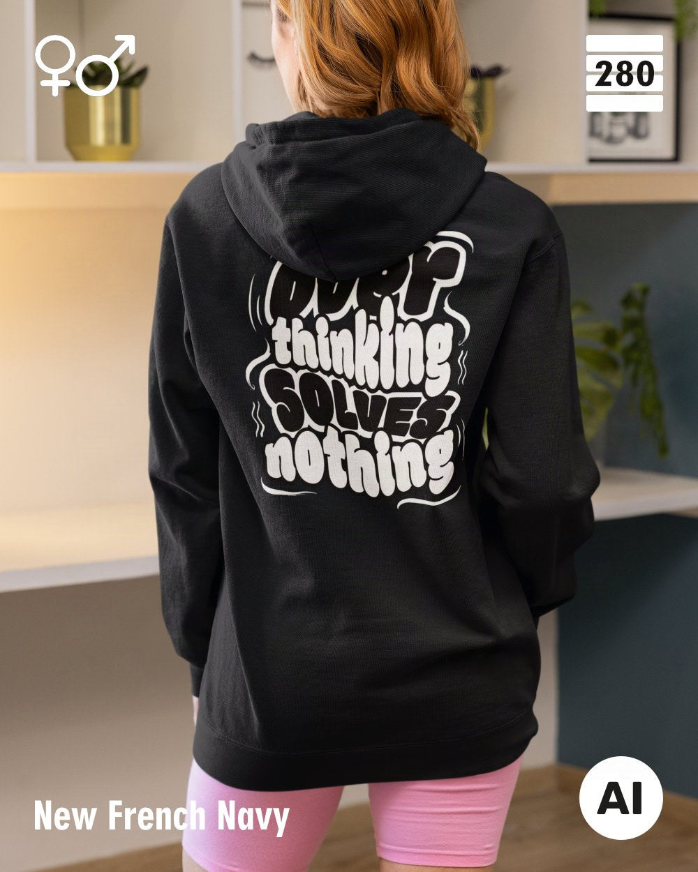 das bild zeigt eine person, die einen statement hoodie in der farbe new french navyund mit dem backprint "overthinking solves nothing" trägt.
