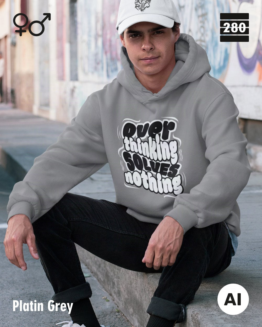 das bild zeigt eine person, die einen statement hoodie in der farbe platin grey und mit dem motiv "overthinking solves nothing" trägt.