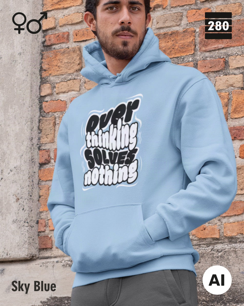 das bild zeigt eine person, die einen statement hoodie in der farbe sky blue und mit dem motiv "overthinking solves nothing" trägt.