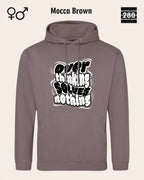 das bild zeigt den hoodie jh001 von just hoods in der farbe mocca brown und mit dem statement design "overthinking solves nothing".