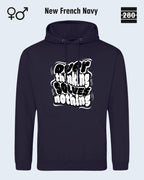 das bild zeigt den hoodie jh001 von just hoods in der farbe new french navy und mit dem statement design "overthinking solves nothing".