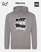 das bild zeigt den hoodie jh001 von just hoods in der farbe platin grey und mit dem statement design "overthinking solves nothing".
