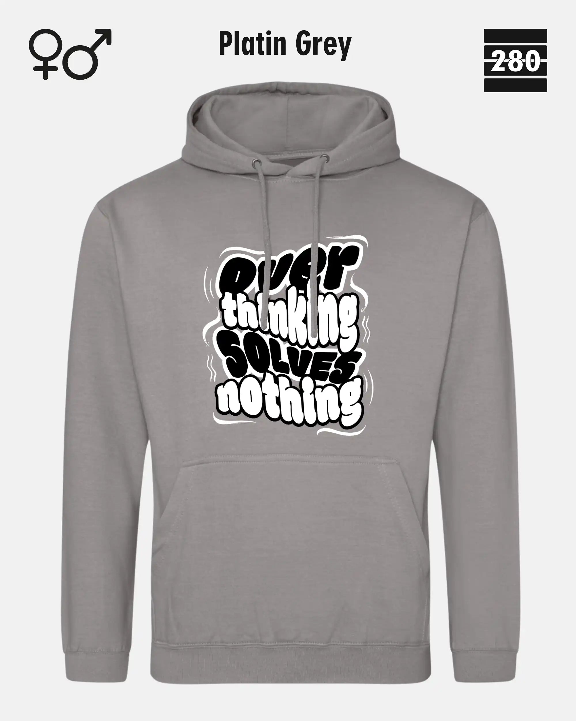 das bild zeigt den hoodie jh001 von just hoods in der farbe platin grey und mit dem statement design "overthinking solves nothing".