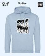 das bild zeigt den hoodie jh001 von just hoods in der farbe sky blue und mit dem statement design "overthinking solves nothing".
