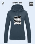 das bild zeigt den leicht taillierten damen hoodie jh001f von just hoods in der farbe airforce blue und mit dem statement design "overthinking solves nothing".