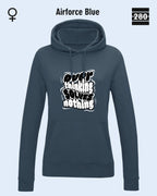 das bild zeigt den leicht taillierten damen hoodie jh001f von just hoods in der farbe airforce blue und mit dem statement design "overthinking solves nothing".