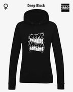 das bild zeigt den leicht taillierten damen hoodie jh001f von just hoods in der farbe deep black und mit dem statement design "overthinking solves nothing".