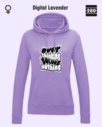das bild zeigt den leicht taillierten damen hoodie jh001f von just hoods in der farbe digital lavender und mit dem statement design "overthinking solves nothing".