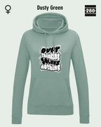 das bild zeigt den leicht taillierten damen hoodie jh001f von just hoods in der farbe dusty green und mit dem statement design "overthinking solves nothing".