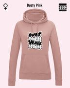 das bild zeigt den leicht taillierten damen hoodie jh001f von just hoods in der farbe dusty pink und mit dem statement design "overthinking solves nothing".