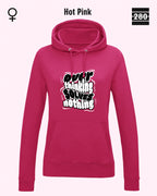 das bild zeigt den leicht taillierten damen hoodie jh001f von just hoods in der farbe hot pink und mit dem statement design "overthinking solves nothing".
