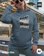 das bild zeigt eine frau, die einen leicht taillierten statement hoodie in der farbe airforce blue und mit dem motiv "overthinking solves nothing" trägt.