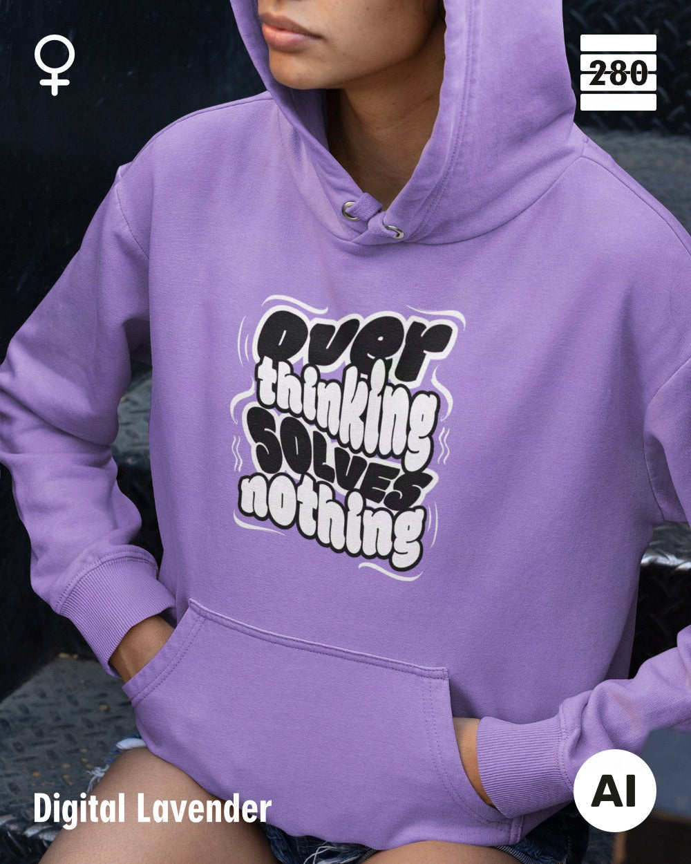 das bild zeigt eine frau, die einen leicht taillierten statement hoodie in der farbe digital lavender und mit dem motiv "overthinking solves nothing" trägt.