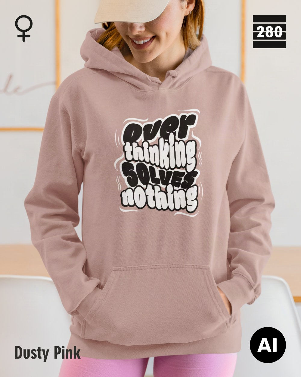 das bild zeigt eine frau, die einen leicht taillierten statement hoodie in der farbe dusty pink und mit dem motiv "overthinking solves nothing" trägt.