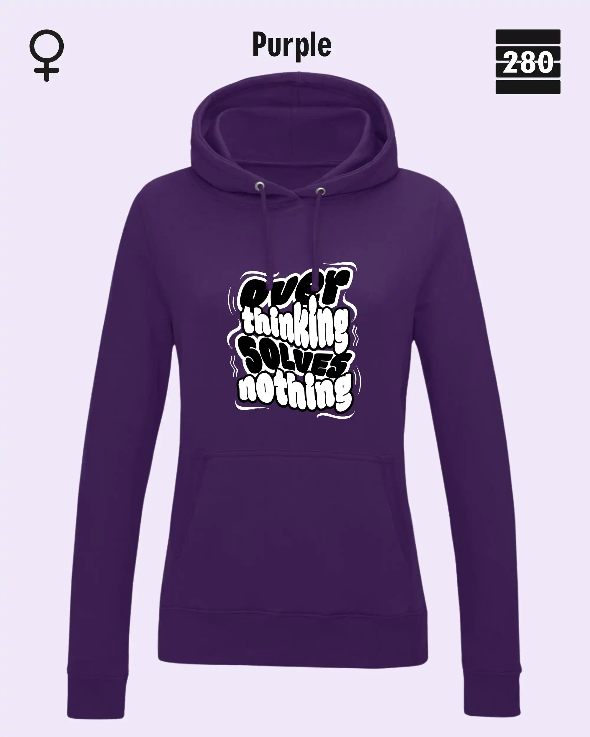 das bild zeigt den leicht taillierten damen hoodie jh001f von just hoods in der farbe purple und mit dem statement design "overthinking solves nothing".