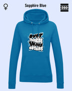 das bild zeigt den leicht taillierten damen hoodie jh001f von just hoods in der farbe sapphire blue und mit dem statement design "overthinking solves nothing".