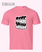 Das Bild zeigt das Unisex Bio Design-T‑Shirt  Tee Jays Urban Luxury Tee 1150 in der Farbe bubblegum  mit dem Design Overthinking solves nothing