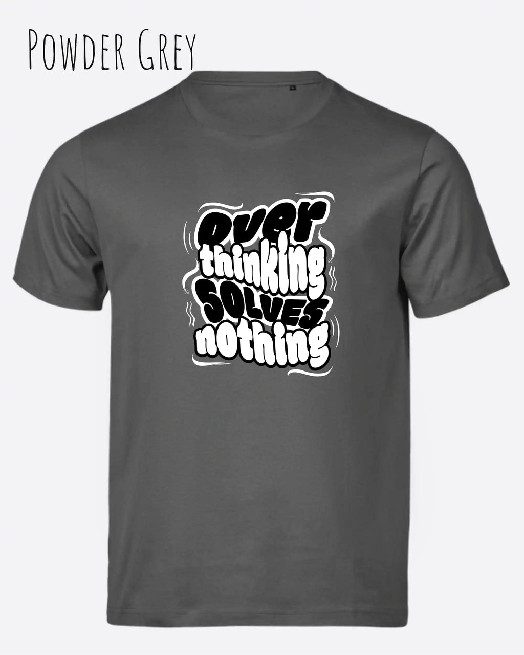 Das Bild zeigt das Unisex Bio Design-T‑Shirt  Tee Jays Urban Luxury Tee 1150 in der Farbe powder grey mit dem Design Overthinking solves nothing