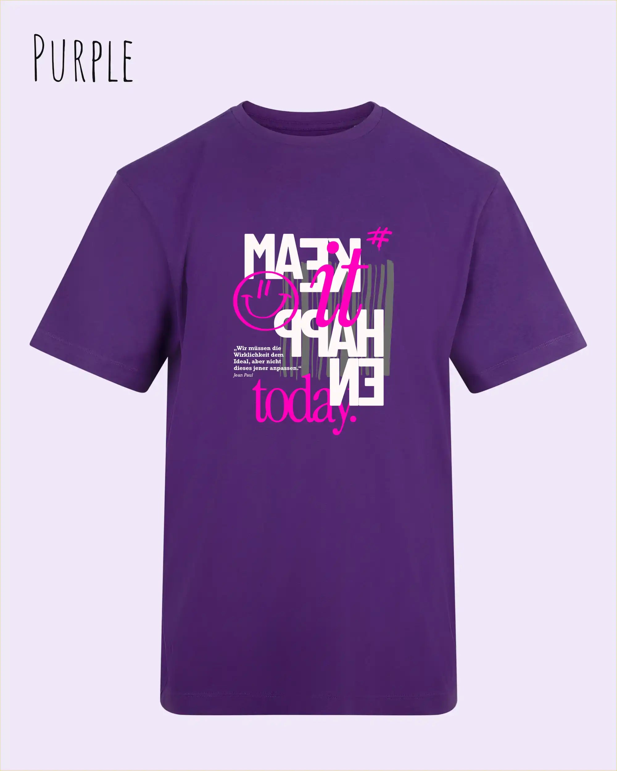 die Abbildung zeigt das t-shirt awdis 180 t in der farbe purple mit dem motiv make it happen today.