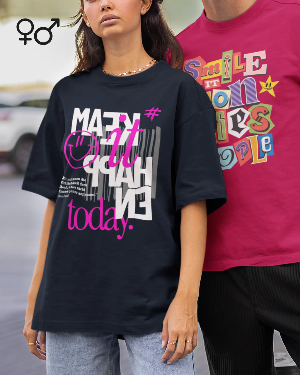 frau trägtt ein unisex oversized heavyweight t-shirt imit dem design make it hapen today.