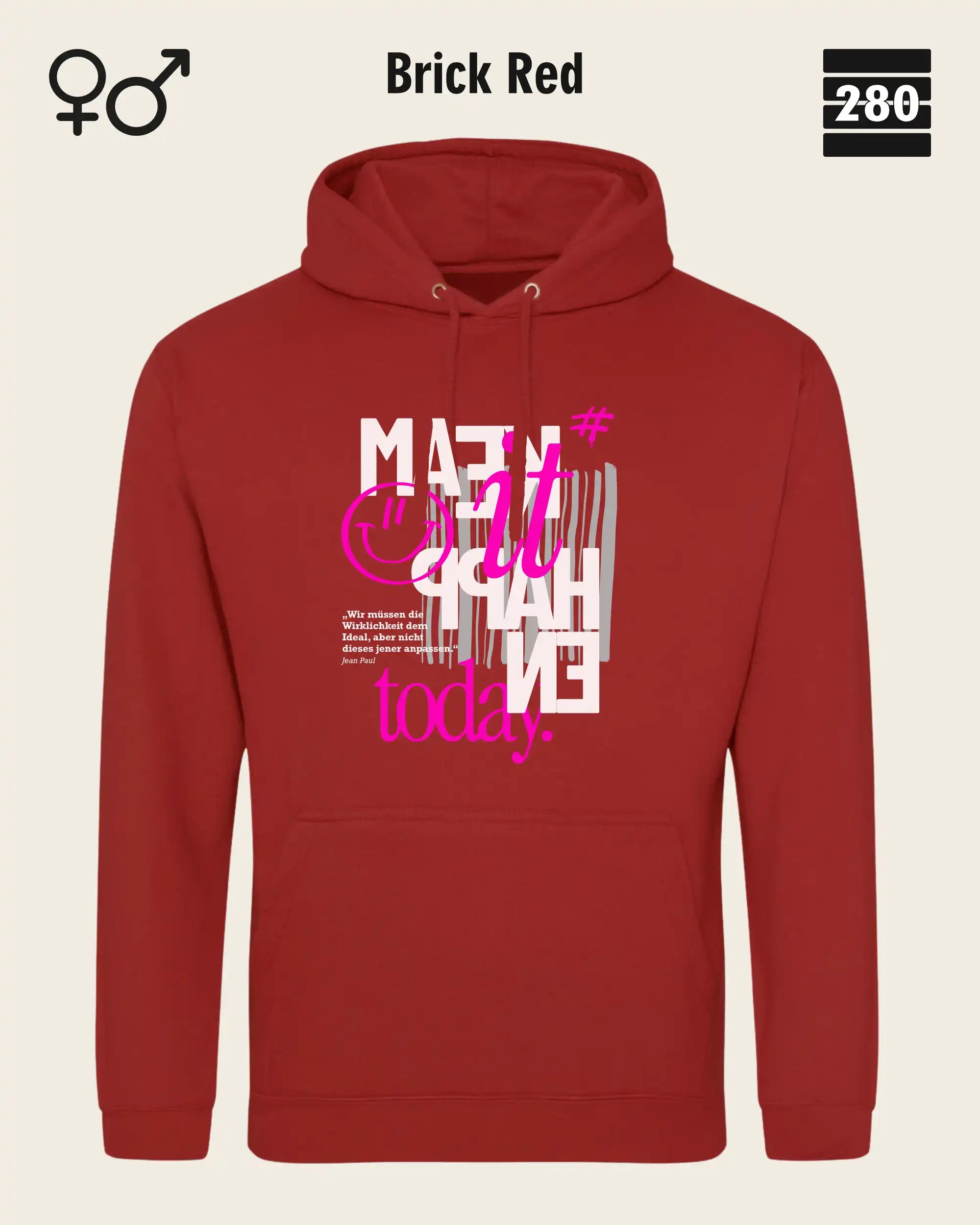 Das bild zeigt den Design-Hoodie JH001 von AWDis Jusat hoods in der farbe brick red mit dem motiv "make it happen today".
