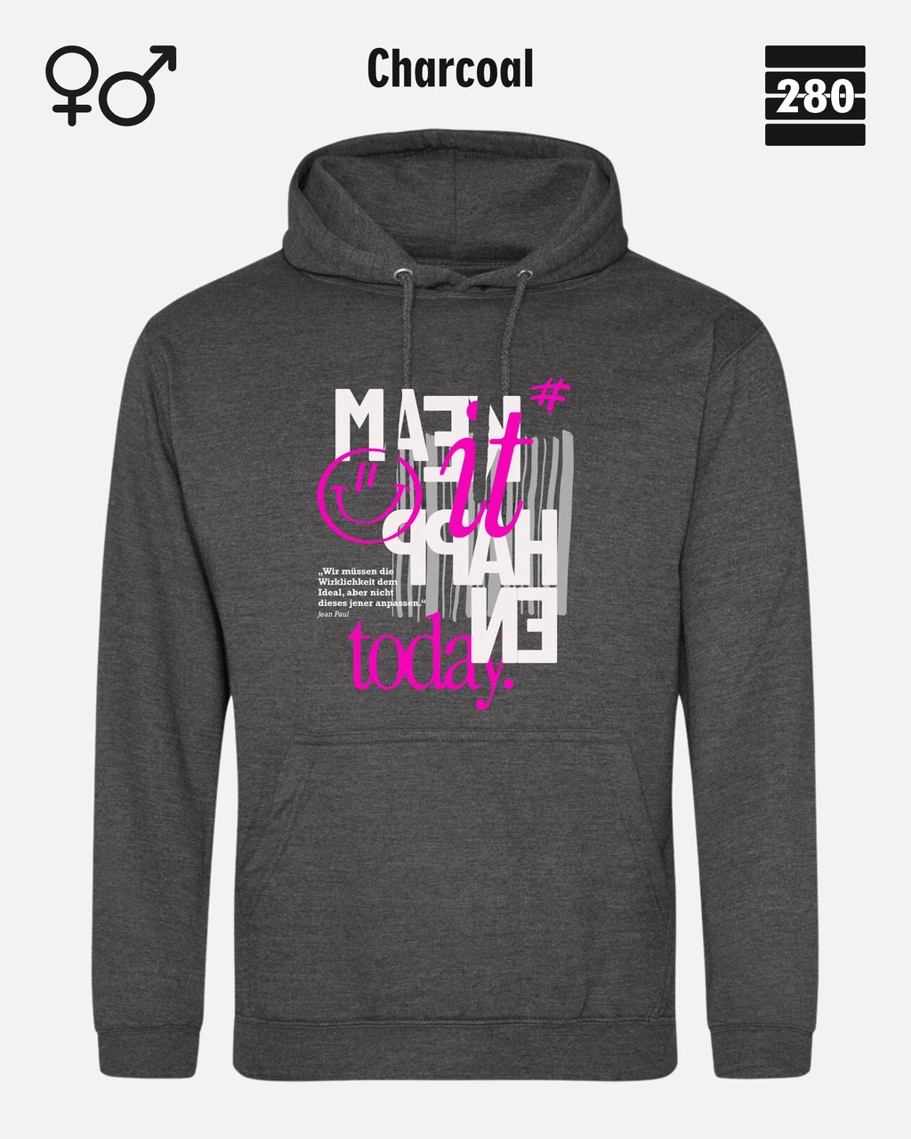 Das bild zeigt den Design-Hoodie JH001 von AWDis Jusat hoods in der farbe charcoal mit dem motiv "make it happen today".
