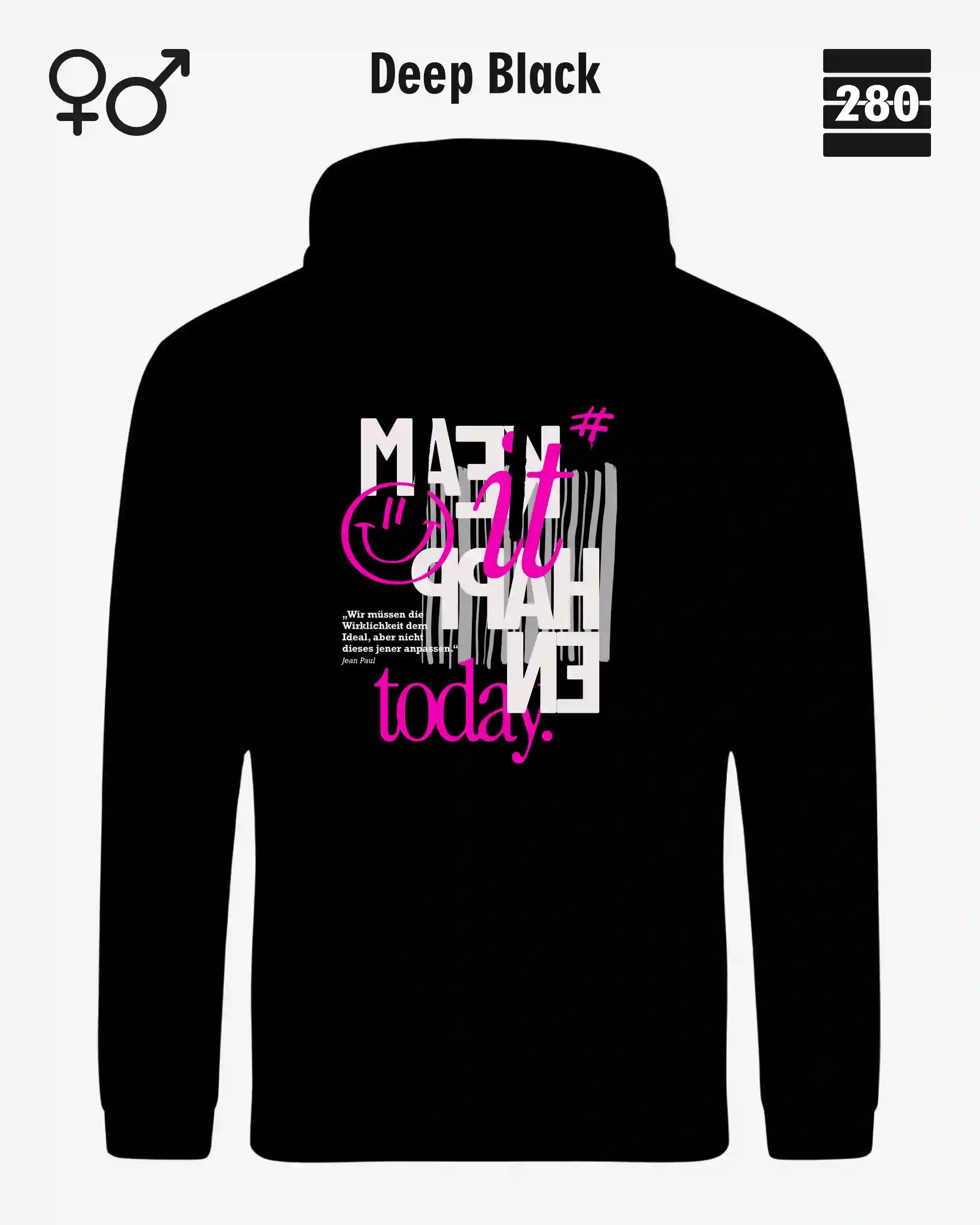 Das bild zeigt den Design-Hoodie JH001 von AWDis Jusat hoods in der farbe deep black mit dem motiv "make it happen today".