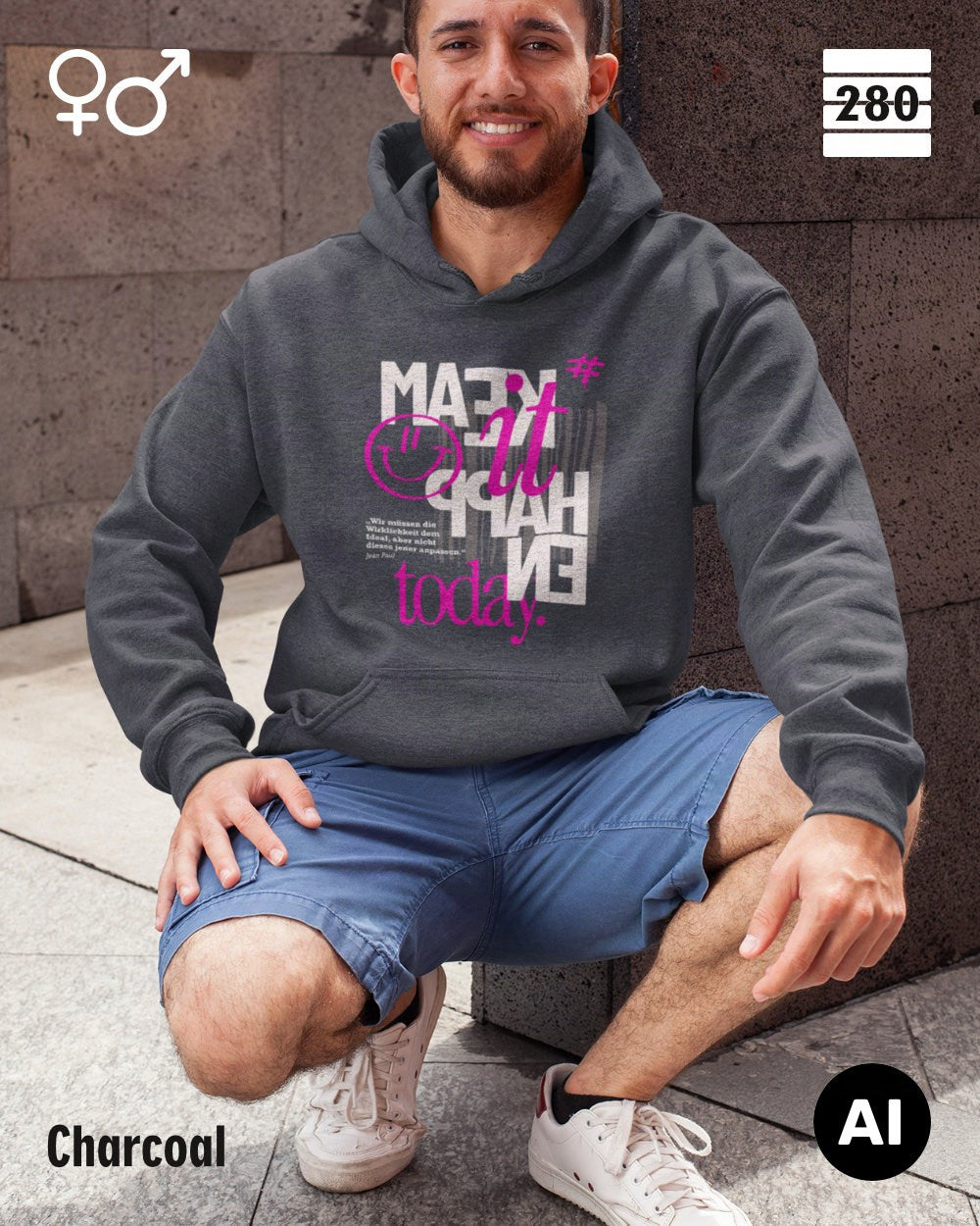 Das bild zeigt eine Person, die einen Design-Hoodie in der farbe charcoal mit dem motiv "make it happen today" trägt.