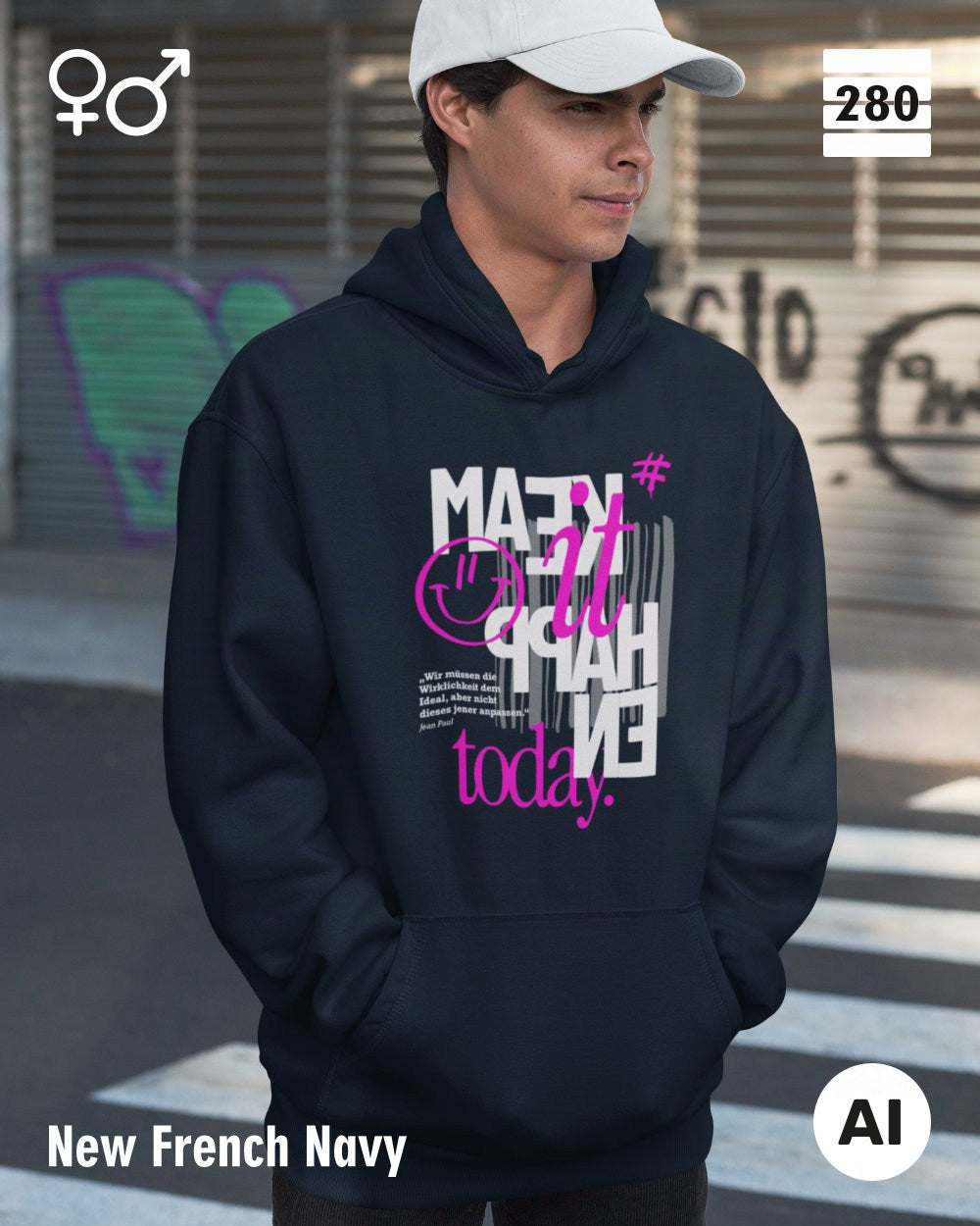 Das bild zeigt eine Person, die einen Design-Hoodie in der farbe new french navy mit dem motiv "make it happen today" trägt.