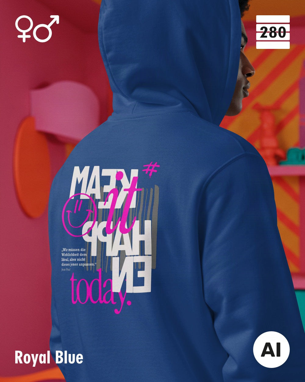 Das bild zeigt eine Person, die einen Design-Hoodie in der farbe royal blue mit dem backprint "make it happen today" trägt.