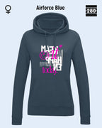 das bild zeigt den leicht taillierten damen hoodie jh001f von just hoods in der farbe airforce blue und mit dem statement design "make it happen today".