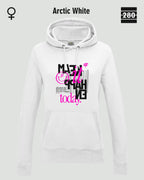 das bild zeigt den leicht taillierten damen hoodie jh001f von just hoods in der farbe arctic white und mit dem statement design "make it happen today".