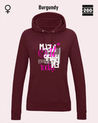 das bild zeigt den leicht taillierten damen hoodie jh001f von just hoods in der farbe burgundy und mit dem statement design "make it happen today".