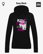 das bild zeigt den leicht taillierten damen hoodie jh001f von just hoods in der farbe deep black und mit dem statement design "make it happen today".