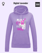 das bild zeigt den leicht taillierten damen hoodie jh001f von just hoods in der farbe digital lavender und mit dem statement design "make it happen today".