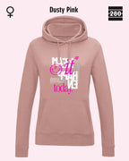 das bild zeigt den leicht taillierten damen hoodie jh001f von just hoods in der farbe dusty pink und mit dem statement design "make it happen today".