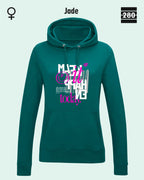 das bild zeigt den leicht taillierten damen hoodie jh001f von just hoods in der farbe jade und mit dem statement design "make it happen today".