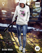 das bild zeigt eine frau, die einen leicht taillierten damen hoodie in der farbe arctic white und mit dem statement design "make it happen today" trägt.
