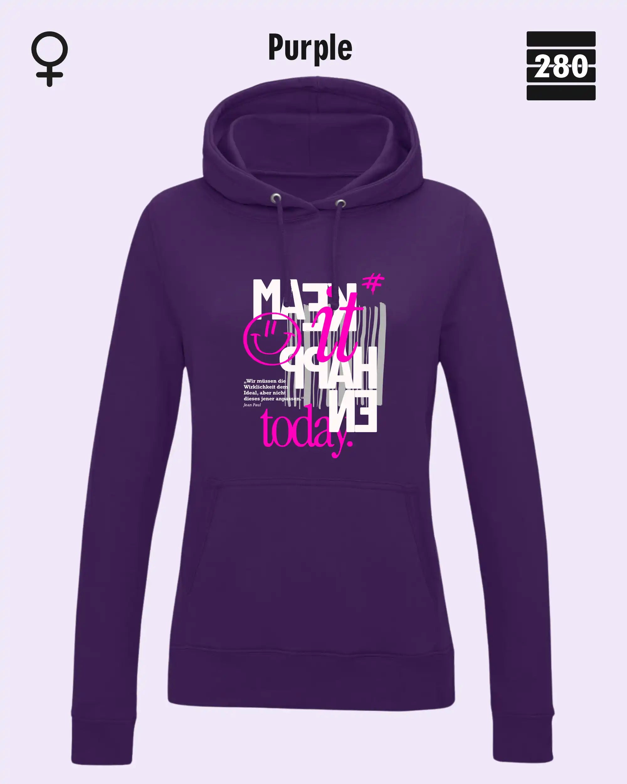 das bild zeigt den leicht taillierten damen hoodie jh001f von just hoods in der farbe purple und mit dem statement design "make it happen today".