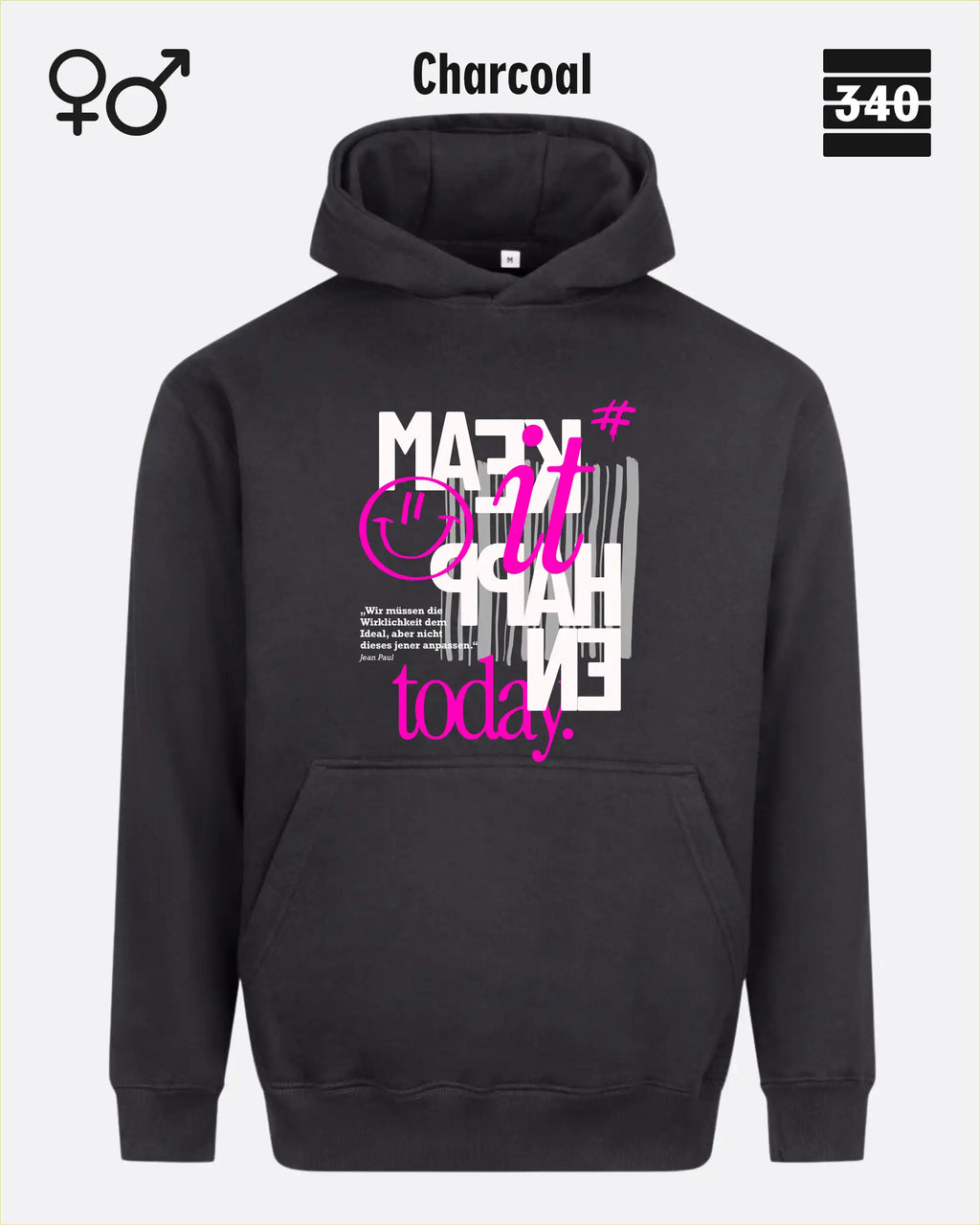das bild zeigt den Oversized Design-Hoodie JH111 unisex in der farbe charcoal mit dem motiv "male it happen today".
