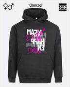 das bild zeigt den Oversized Design-Hoodie JH111 unisex in der farbe charcoal mit dem motiv "male it happen today".