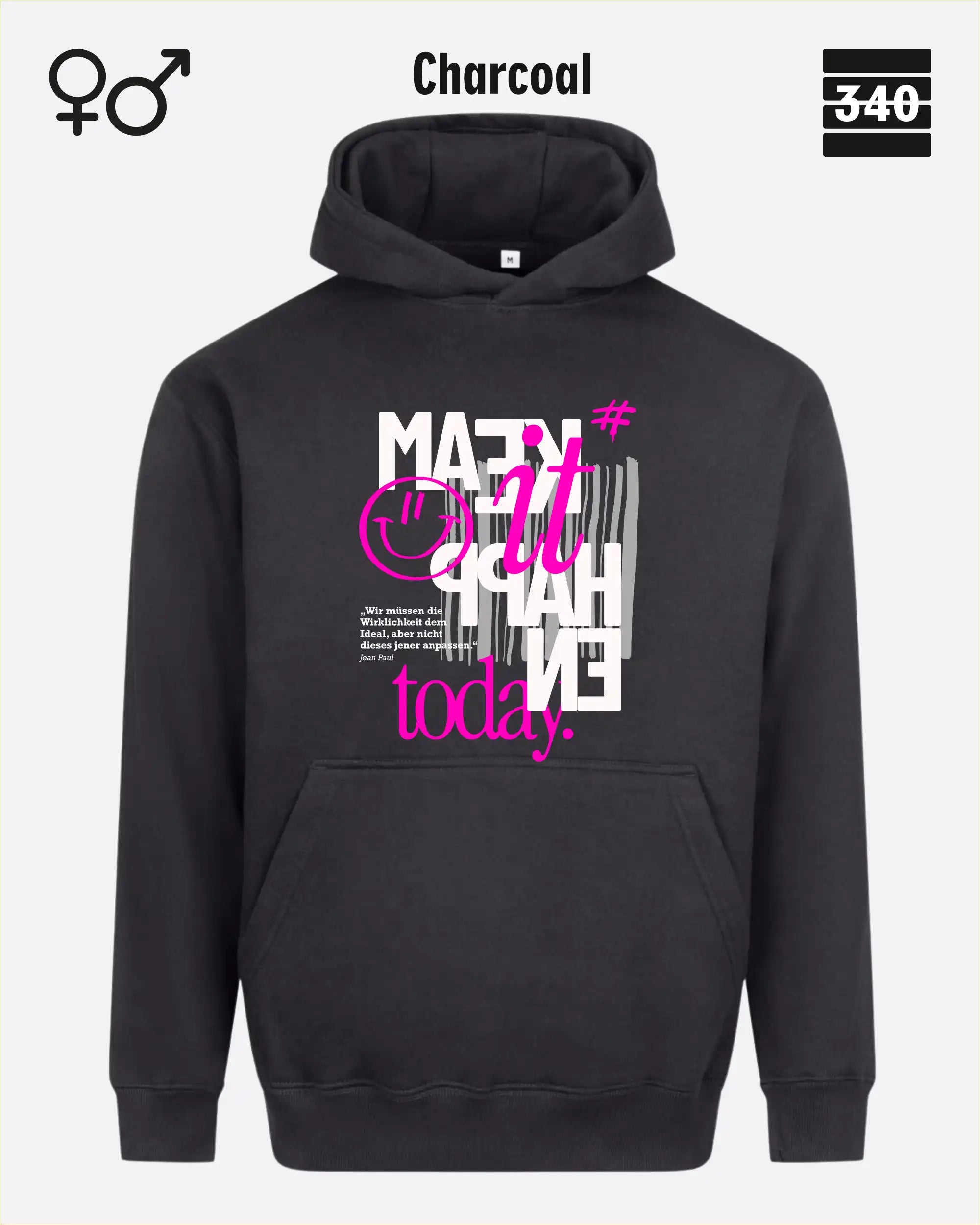 das bild zeigt den Oversized Design-Hoodie JH111 unisex in der farbe charcoal mit dem motiv "male it happen today".