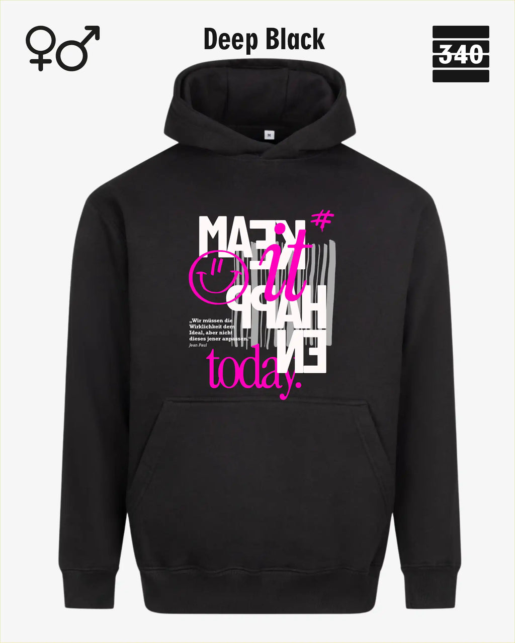 das bild zeigt den Oversized Design-Hoodie JH111 unisex in der farbe deep black mit dem motiv "male it happen today".