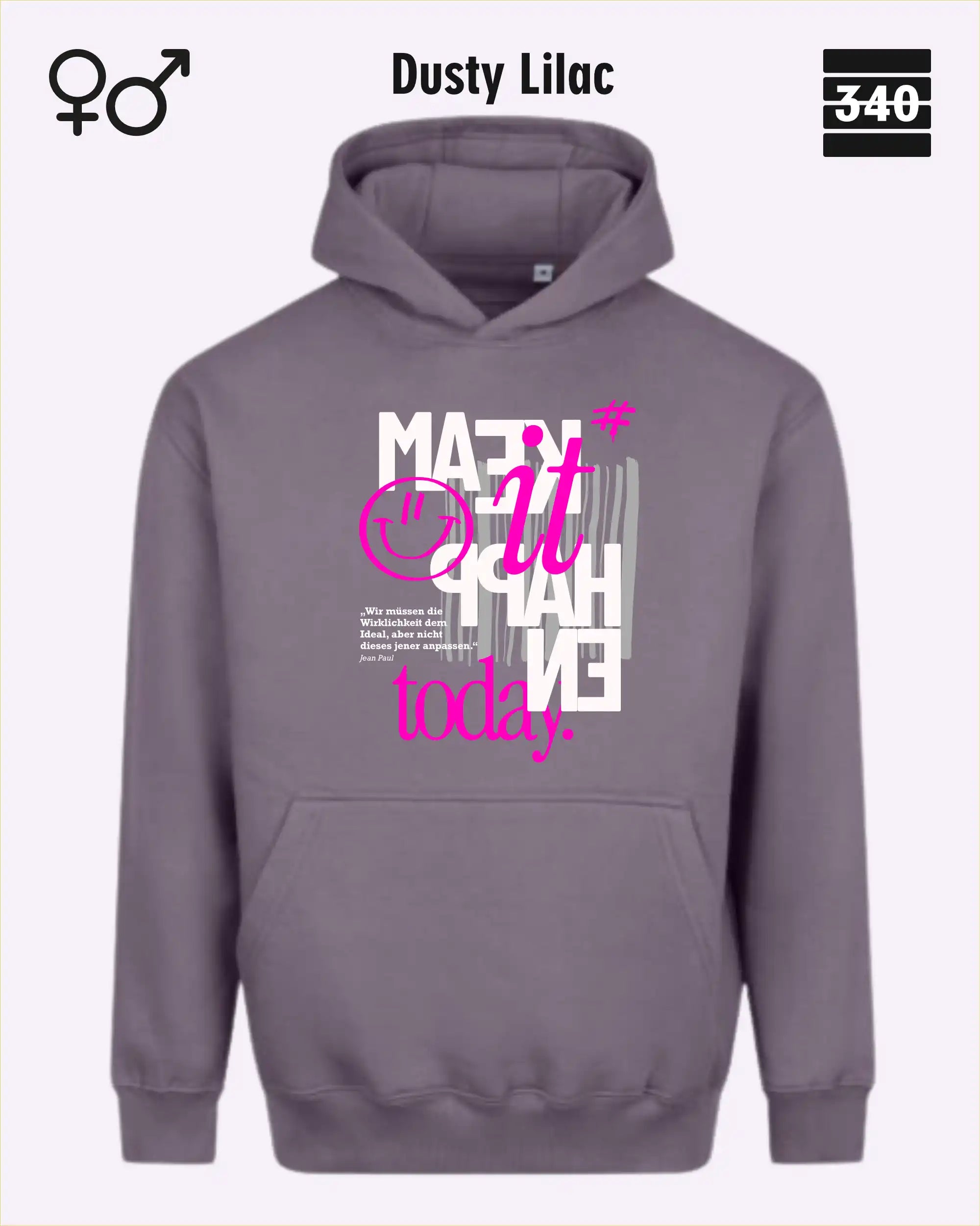 das bild zeigt den Oversized Design-Hoodie JH111 unisex in der farbe dusty lilac mit dem motiv "male it happen today".