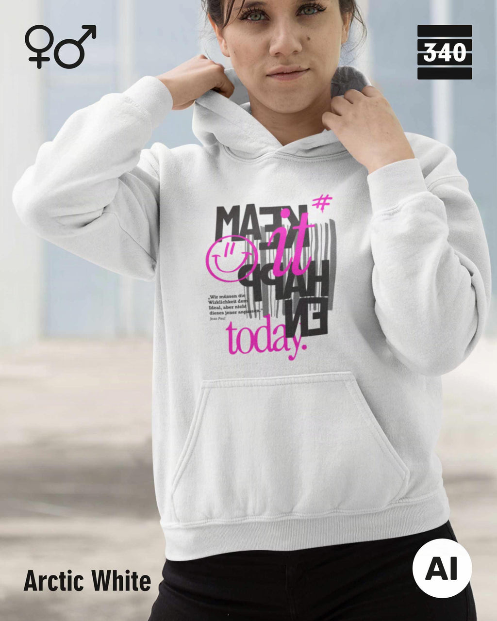 das KI generierte bild zeigt eine junge frau, die einen Oversized unisex Design-Hoodie in der farbe arcitc whitemit dem motiv "make it happen today" trägt.