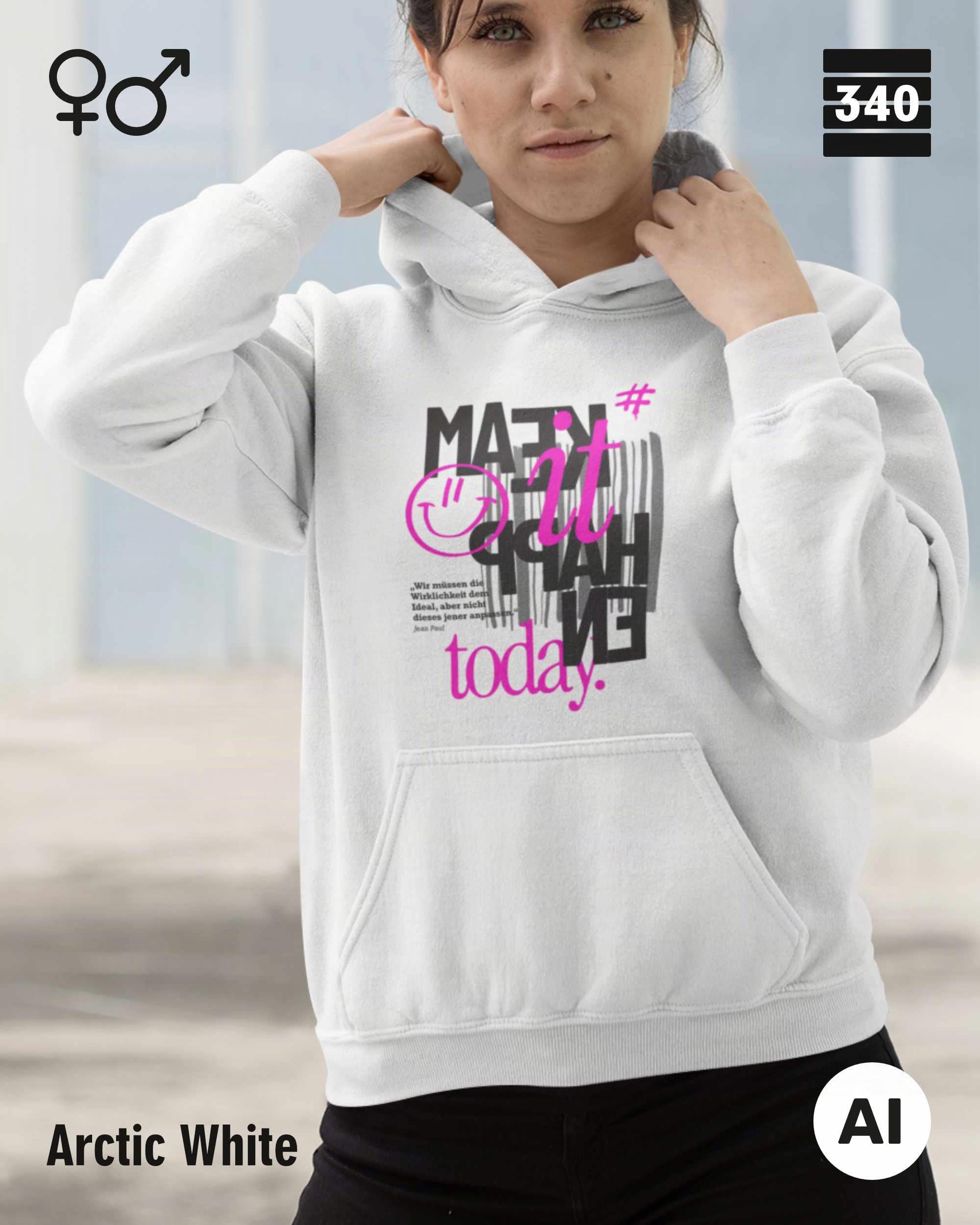 das KI generierte bild zeigt eine junge frau, die einen Oversized unisex Design-Hoodie in der farbe arcitc whitemit dem motiv "make it happen today" trägt.