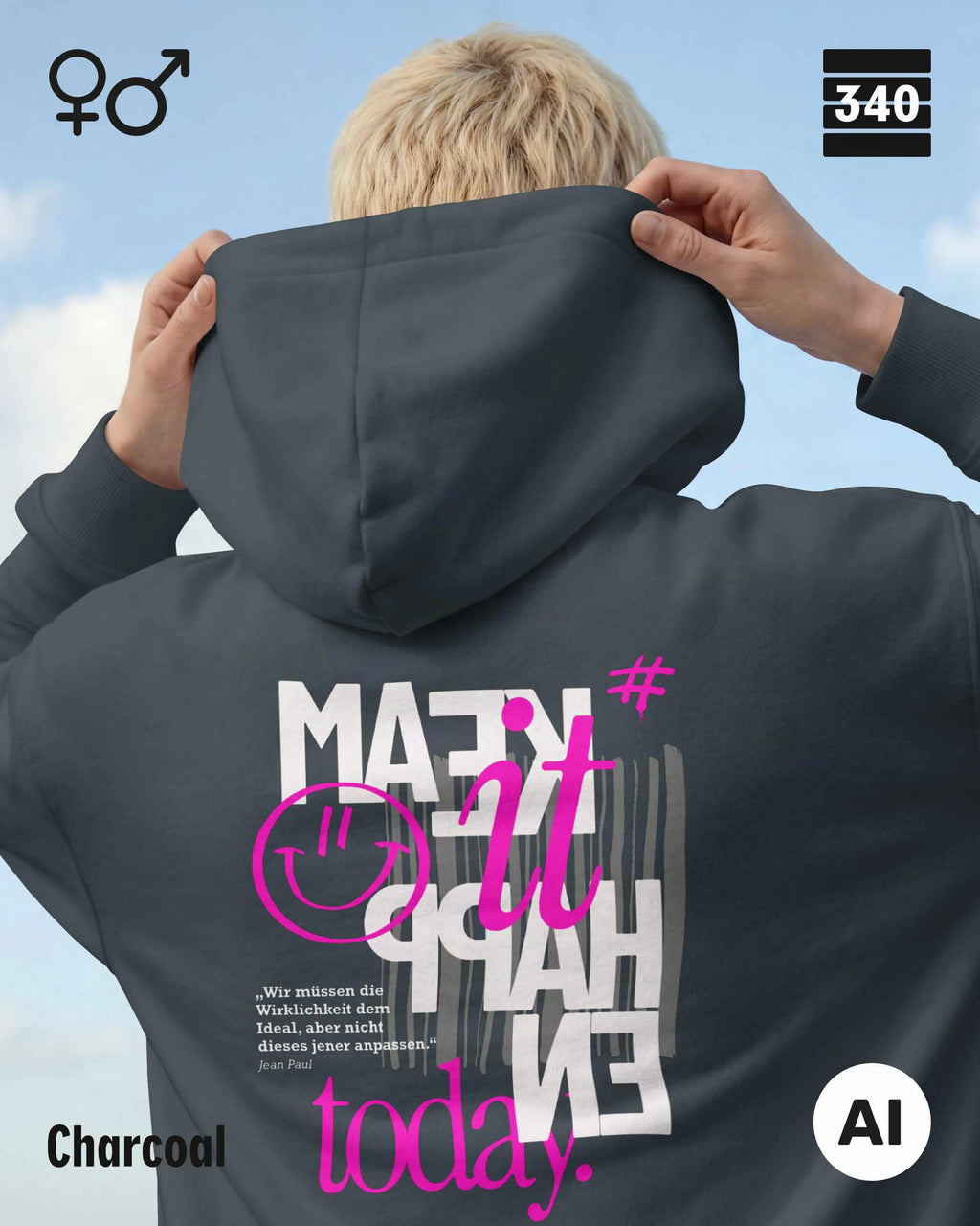 das KI generierte bild zeigt eine frau, die einen Oversized unisex Design-Hoodie in der farbe charcoal mit dem motiv "make it happen today" trägt.