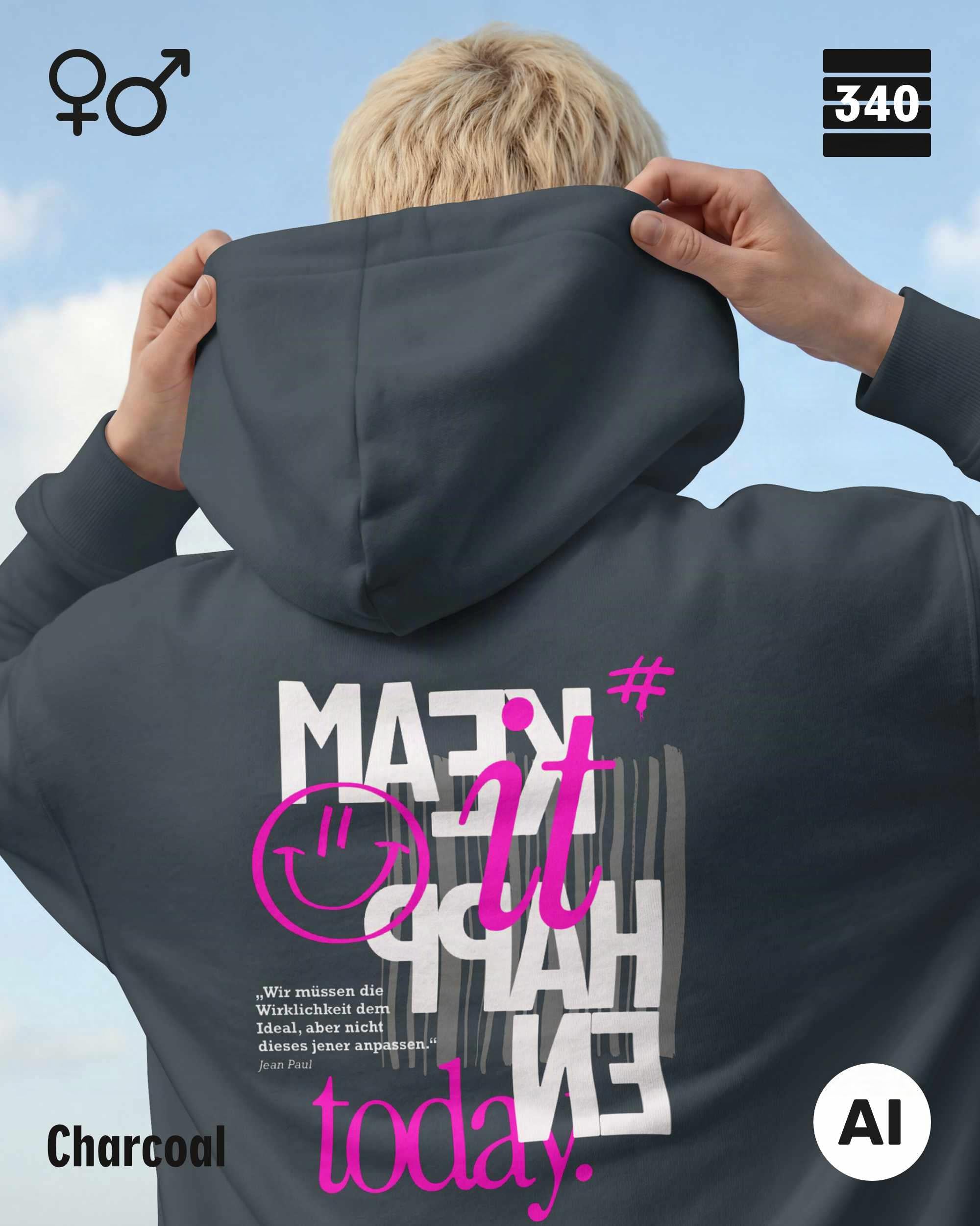 das KI generierte bild zeigt eine frau, die einen Oversized unisex Design-Hoodie in der farbe charcoal mit dem motiv "make it happen today" trägt.
